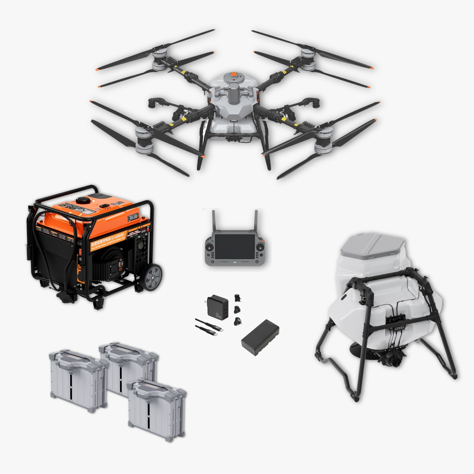 New DJI Agras T100 spraying package with three batteries and generator